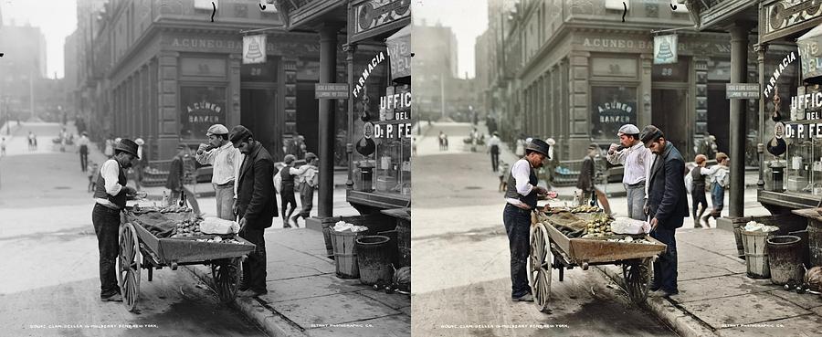 Clam Seller In Mulberry Bend, N.y. 1900 Colorized-image-comparison Painting