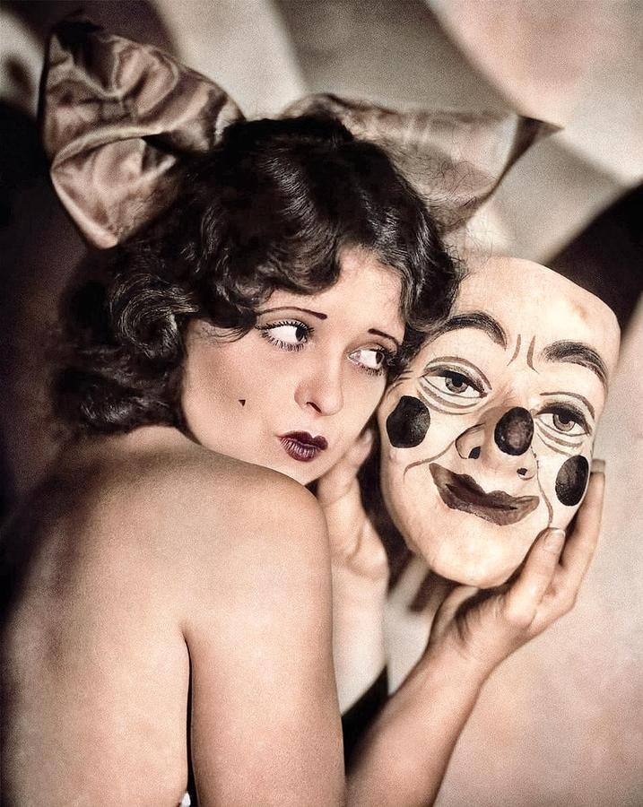 Clara Bow Photo Print Vintage Clown Mask Weird Strange Unusual Antique Photograph Poster Black And W Painting