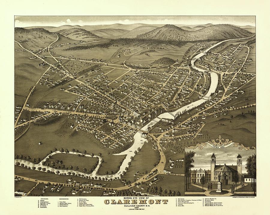 Claremont Sullivan County New Hampshire 1877 Antique Birdseye Map ...