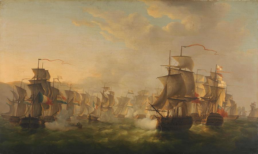 Clash of the Dutch and British Fleets during the Passage of the Dutch Flotilla to Boulogne -1804-... Painting by Martinus Schouman -1770-1848-