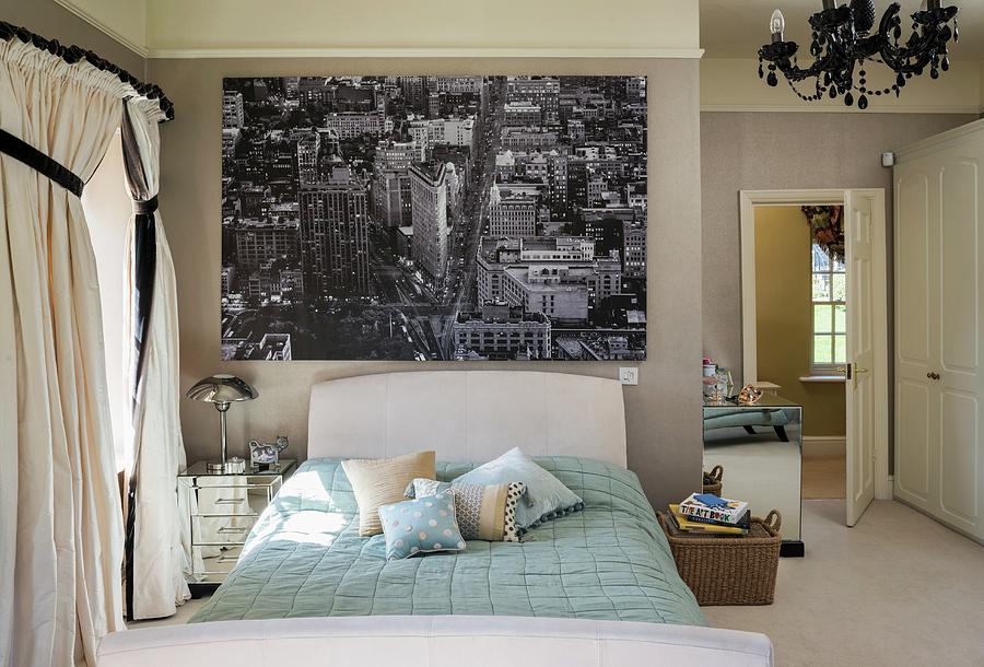 Classic Bedroom With Large Black And White Photo Mural Of New York Above Bed Photograph by Brian Harrison