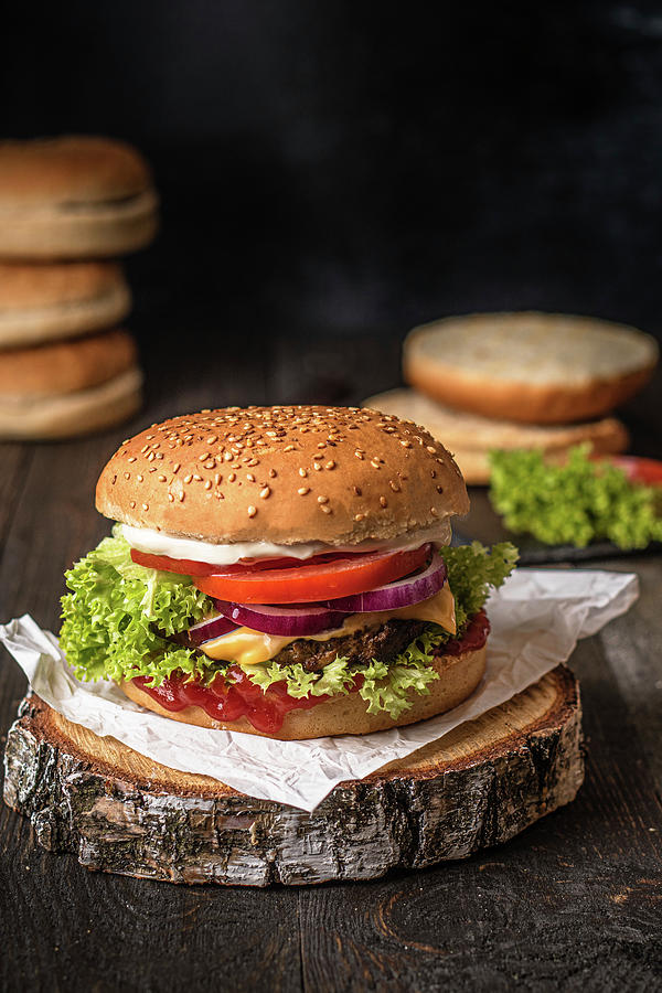Classic Cheeseburger With Tomatoes, Red Onions And Mayonnaise Photograph by Karolina Nicpon