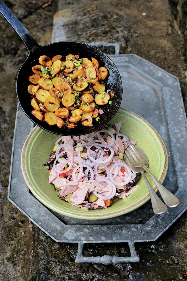 Classic Cold Meat Salad With Fried Potatoes And Bacon Photograph by ...