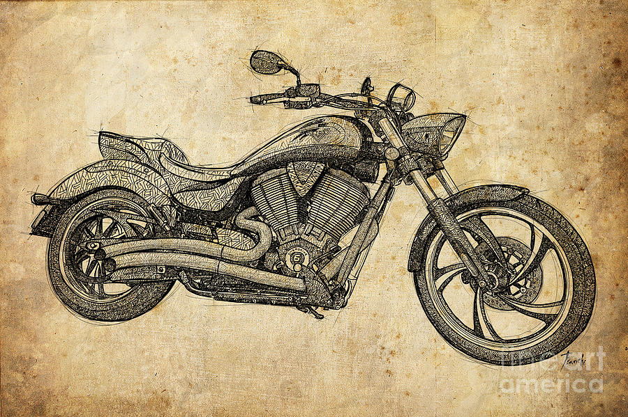 Moto Digital Art - Classic motorcycle, original handmade drawing, gift for bikers by Drawspots Illustrations