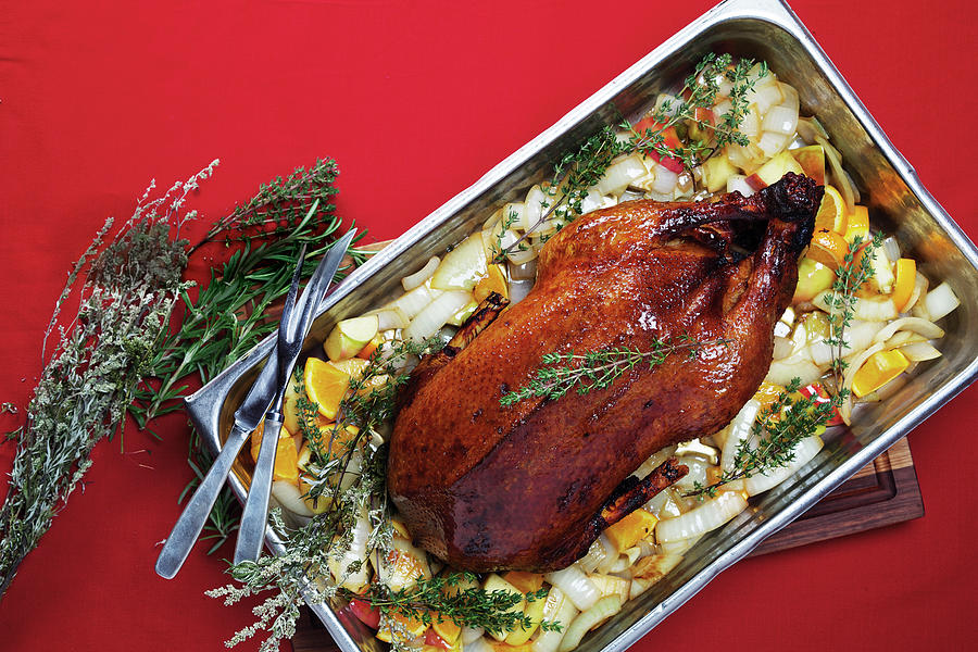Classic Roasted Goose With Vegetables In Baking Dish, Overhead View Photograph by Jalag / Miquel Gonzalez