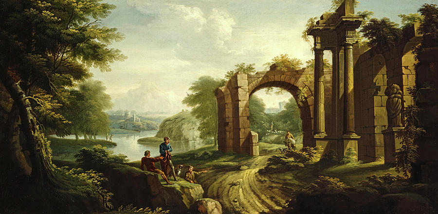 Classical Landscape Painting - Classical Landscape With Architecture, 1736 by James Norie senior Classical Landscape Painting - Classical Landscape With Architecture, 1736 by James Norie senior