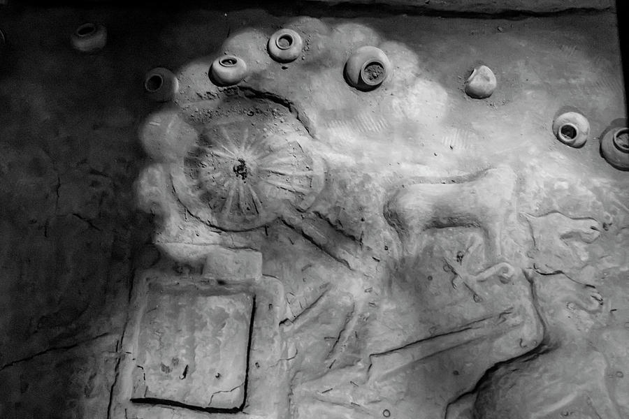 Clay chariot and horse in black and white, Hanyang Mausoleum, Ch Photograph by Karen Foley
