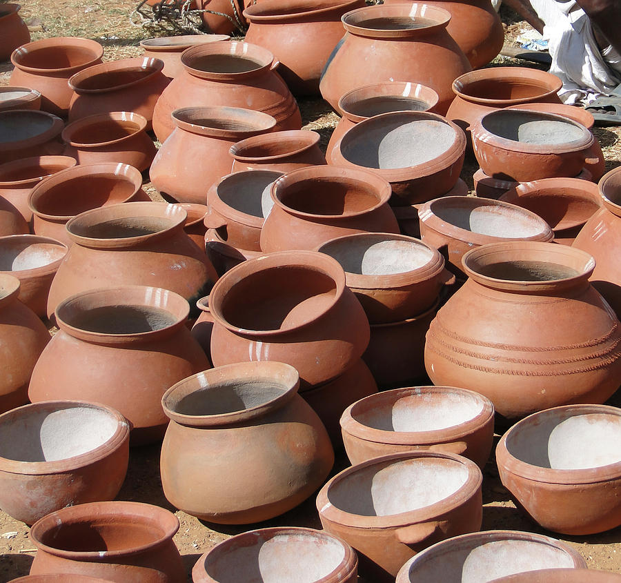 Clay pots  for sale in Chatikona  Photograph by Steve Estvanik