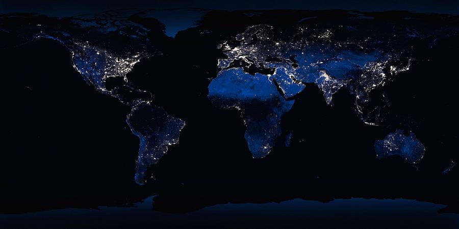 Clear shot of every parcel of Earths land surface and islands in nighttime view in visible light Painting by Celestial Images