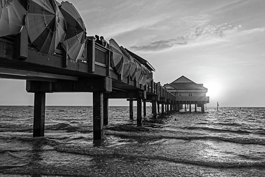 Clearwater Florida Sunset at the Pier FL Black and White Photograph by Toby McGuire