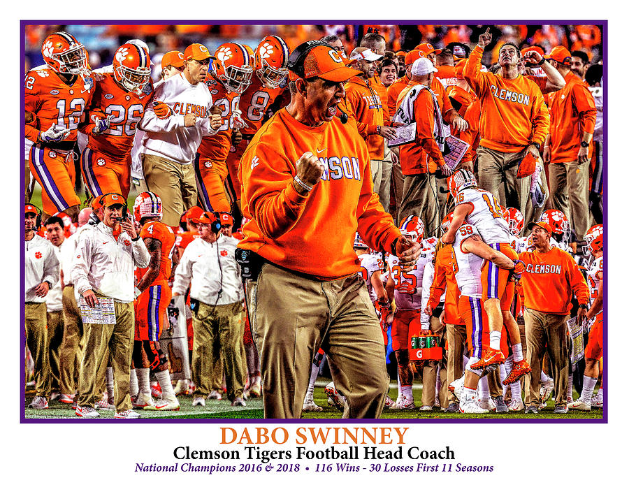 Clemson Tigers Painting - Clemson Tigers Dabo Swinney WC5 NCAA Football Art White by Rich Image
