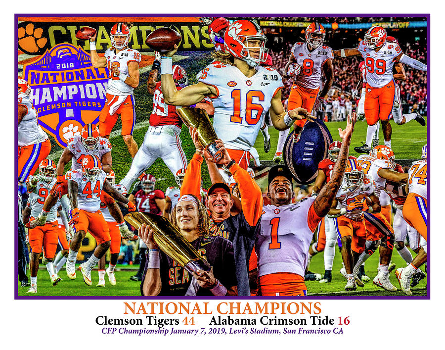 Clemson Tigers Painting - Clemson Tigers National Champions 2019 NCAA Football Art WC5 White by Rich Image