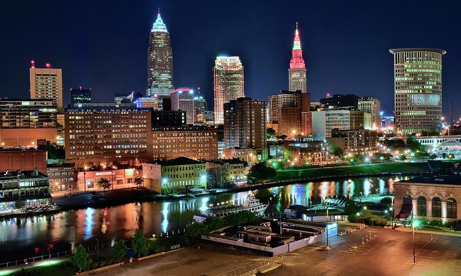 Cleveland Photograph - Cleveland Iconic Night Lights by Frozen in Time Fine Art Photography
