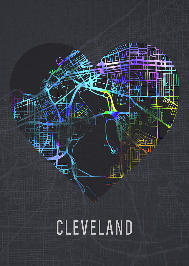 Cleveland Mixed Media - Cleveland Ohio City Heart Street Map Love Dark Mode by Design Turnpike
