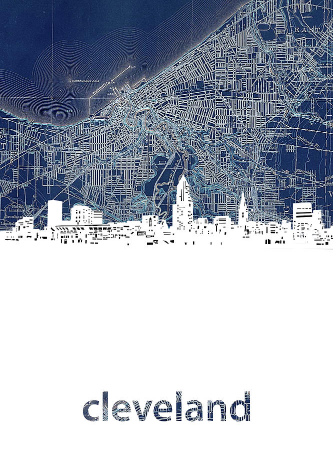Cleveland Skyline Map Blue Digital Art by Bekim M
