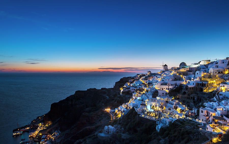 Cliff Houses Illuminated At Night, Athens, Attiki, Greece, Europe ...