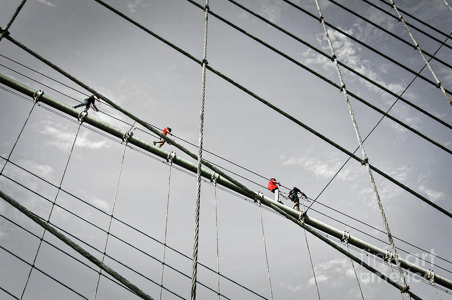 Brooklyn Bridge Photograph - Climbers on Brooklyn bridge by Delphimages Photo Creations