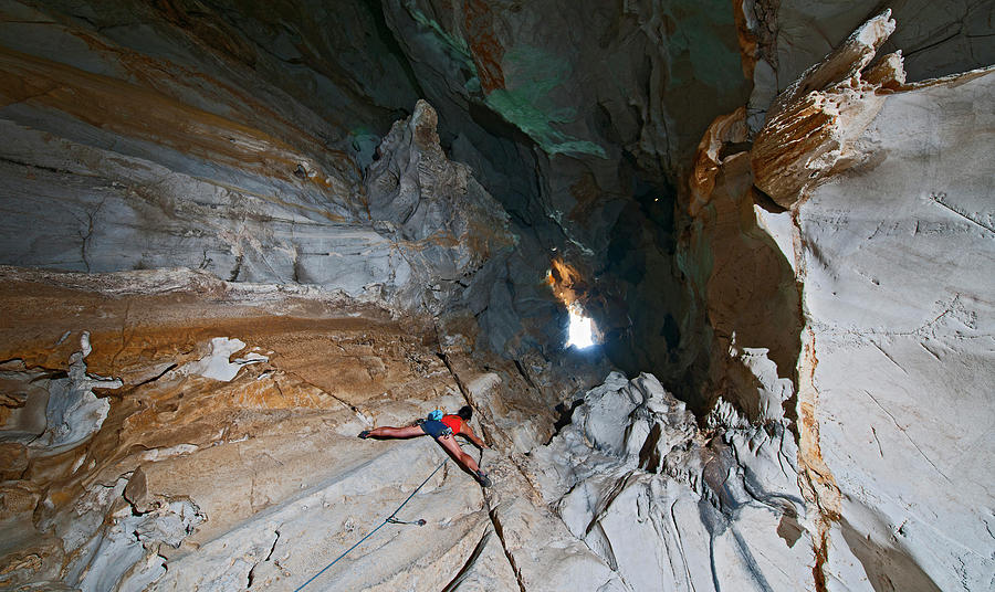 Rope Photograph - Climbing Out Of The Windy Cave At Crazy Horse Buttress by Cavan Images