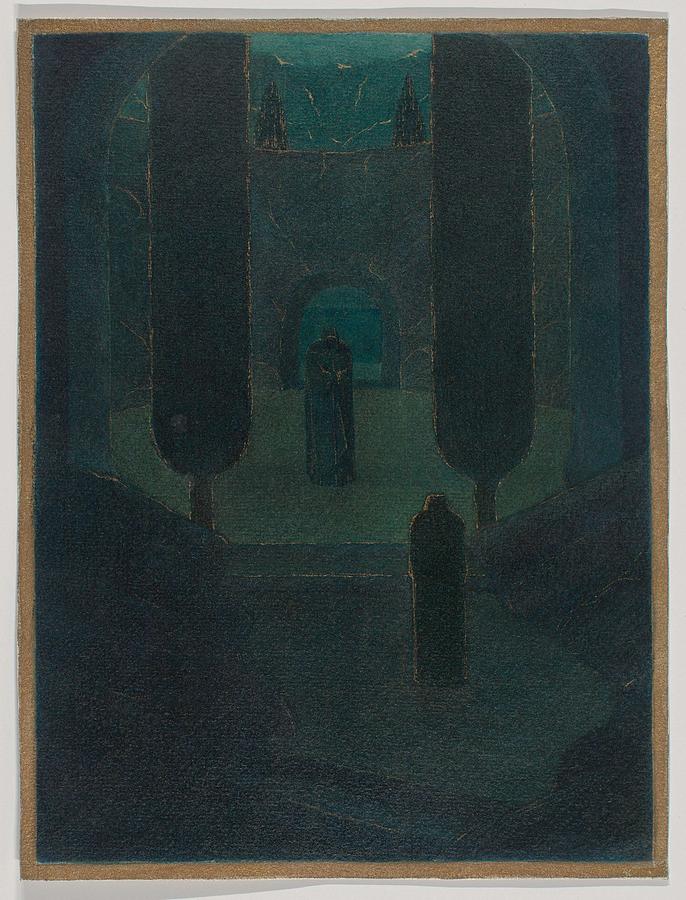 Cloaked Figures in a Dark Garden, possibly a stage set design Herbert E. Crowley British, London 18 Painting by Herbert E Crowley
