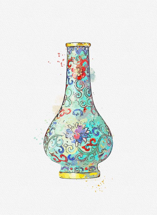 Cloisonne Enamel  Lotus  Tool Vase Watercolor By Ahmet Asar Painting