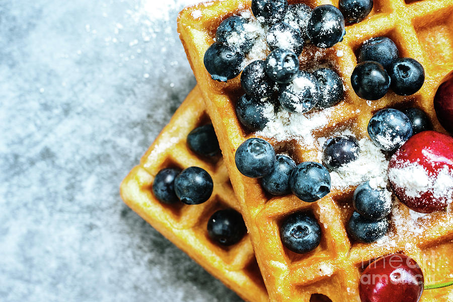 Close-up of a waffle with blueberries for breakfast during a vac Photograph by Joaquin Corbalan