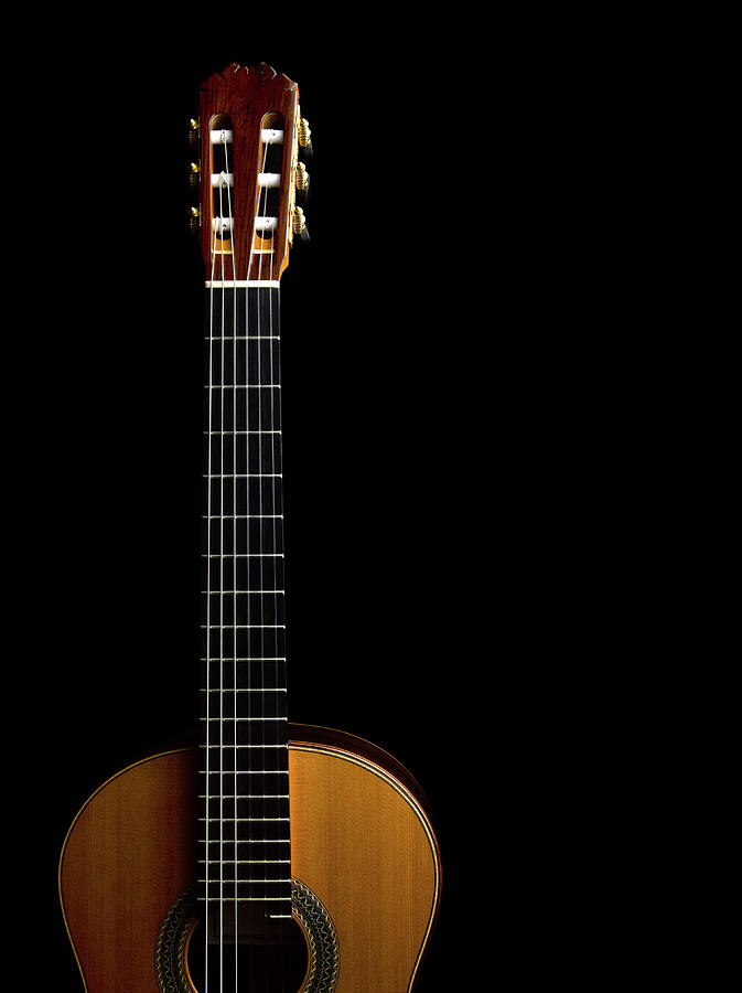 Close-up Of Acoustic Guitar On Black Photograph by Sabine Scheckel