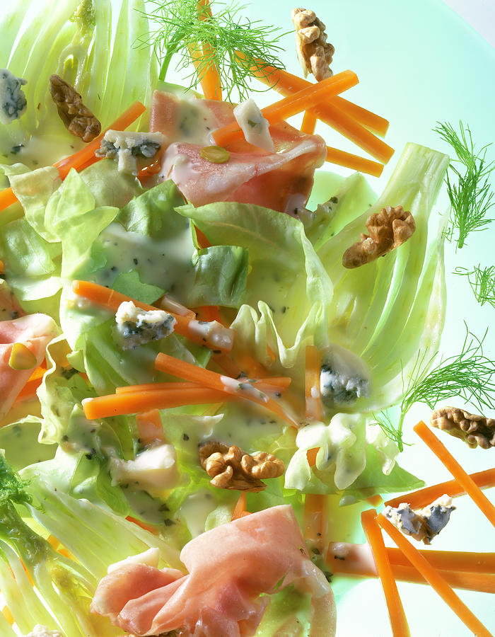 Close-up Of Fennel Salad With Mortadella, Carrots And Walnuts ...