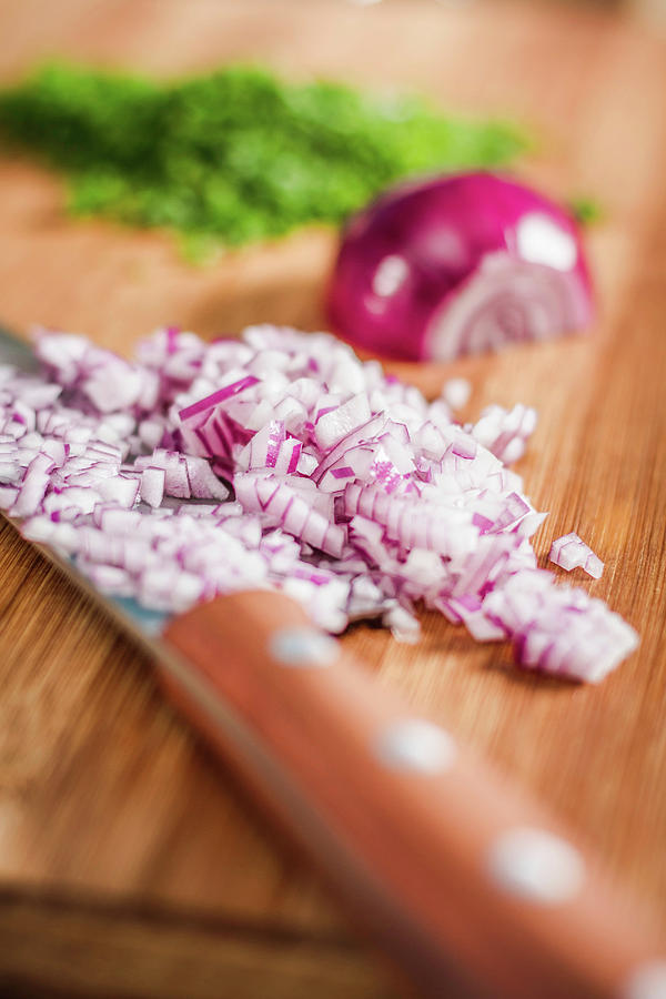 Still Life Digital Art - Close Up Of Knife And Chopped Onions by Manuel Sulzer