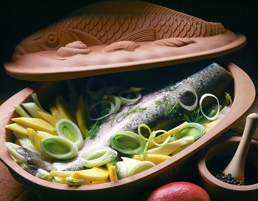 Fish Photograph - Close-up Of Salmon Trout With Mango And Fennel In Serving Dish by Kramp + Glling Jalag