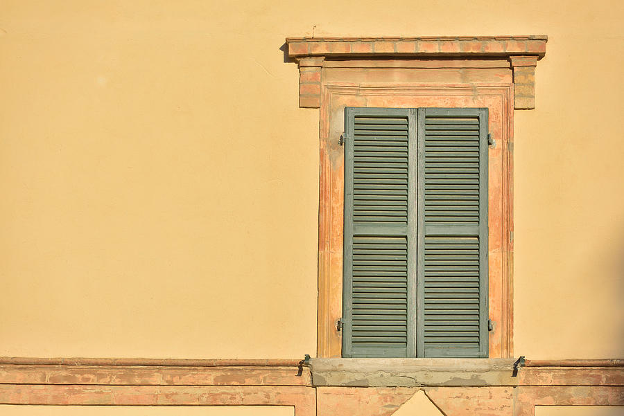 Architecture Photograph - Closed Green Windows On Yellow Wall by Daniel Chetroni