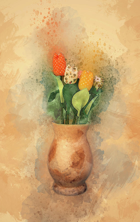 Cloth Flowers In A Clay Pot Digital Art