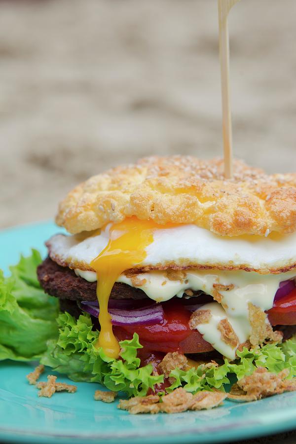 Cloud Bread Burger With A Runny Fried Egg And Roasted Onions Photograph by Esther Hildebrandt