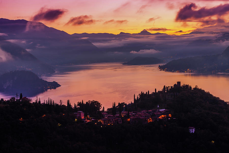 Nature Digital Art - Cloud Covered Mountains Across Lake Como At Sunset, Varenna, Italy by Francesco Meroni