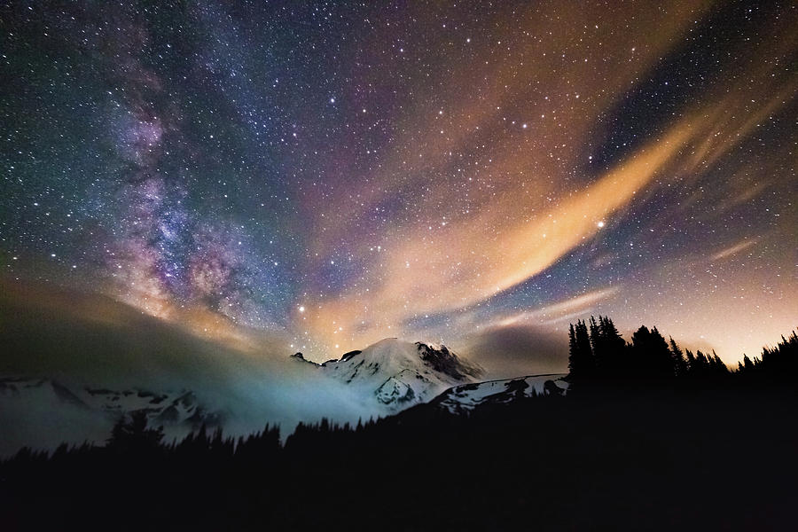 Clouds, Milky Way and Mt. Rainier Photograph by Joe Kopp