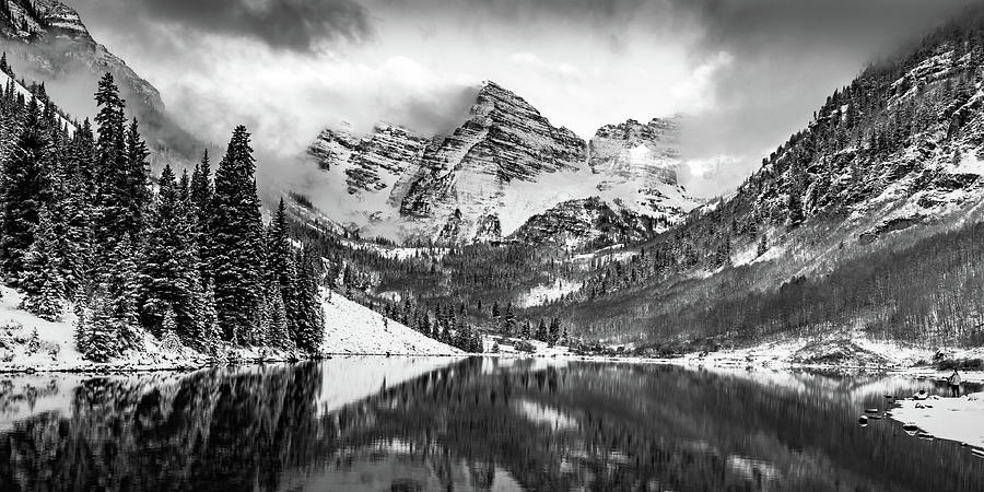 Cloudy Maroon Bells Panoramic Landscape in Black and White Photograph ...