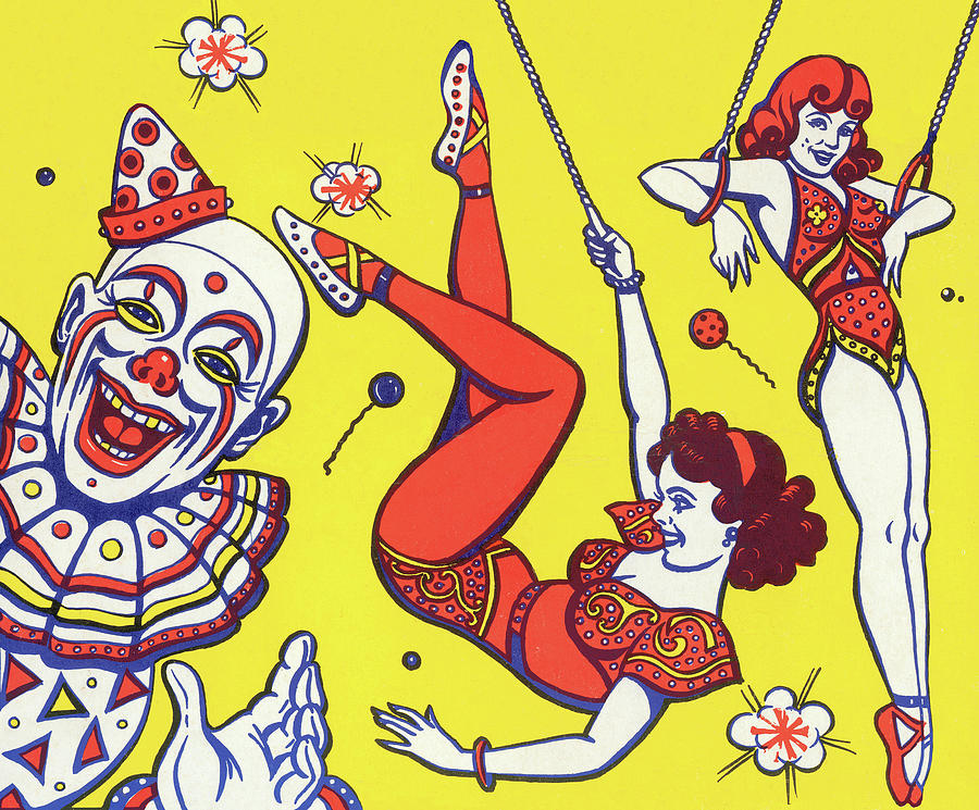 Vintage Drawing - Clown and Trapeze Artists by CSA Images