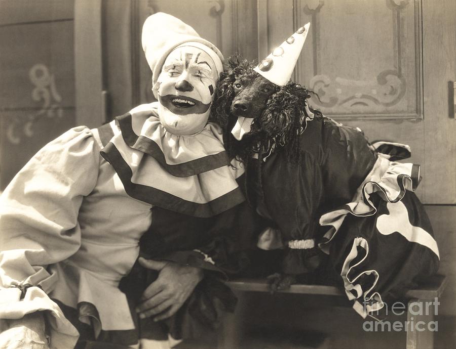 Makeup Photograph - Clown Posing With Dog Dressed In Clown by Everett Collection