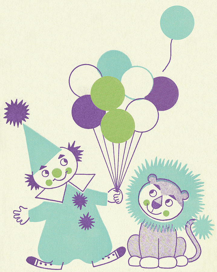 Vintage Drawing - Clown With Balloons and Lion by CSA Images
