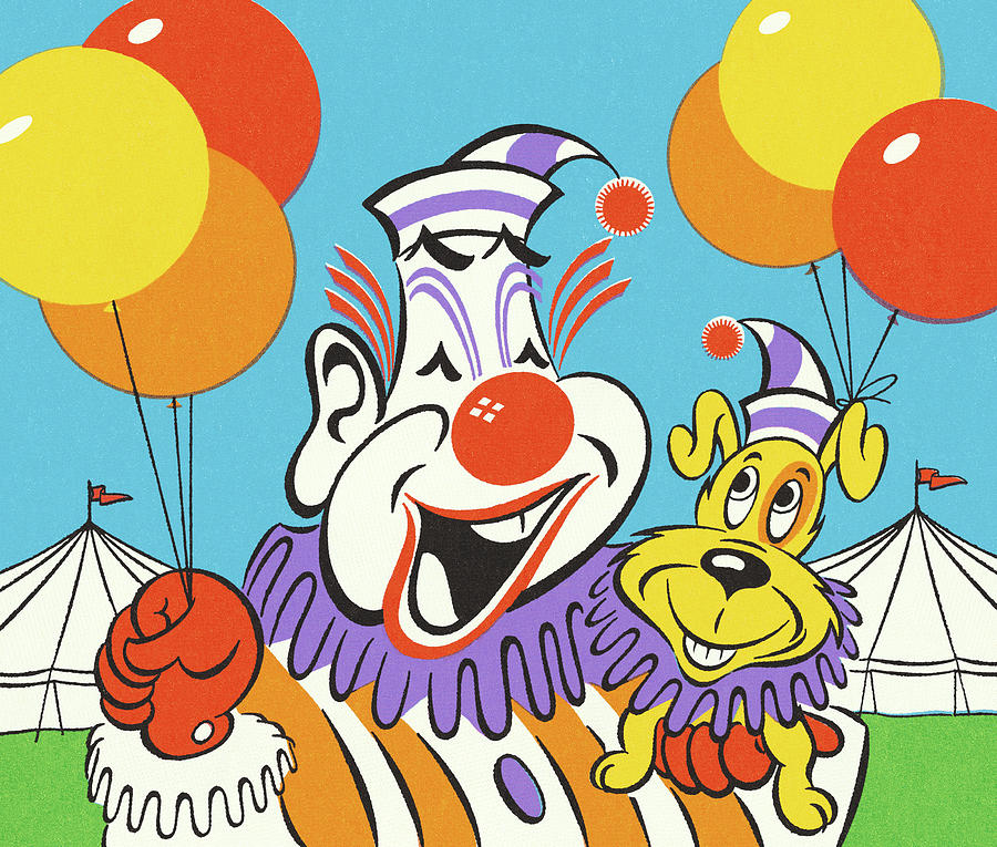 Vintage Drawing - Clown with Circus Dog and Balloons by CSA Images