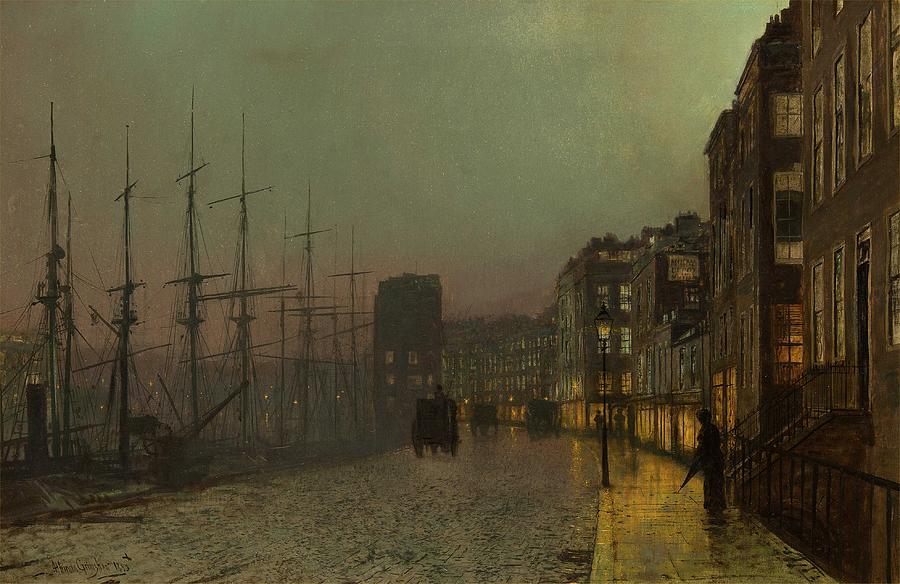 Architecture Painting - Clyde Shipping, Wet Moonlit Night 1883 by John Atkinson Grimshaw by Celestial Images