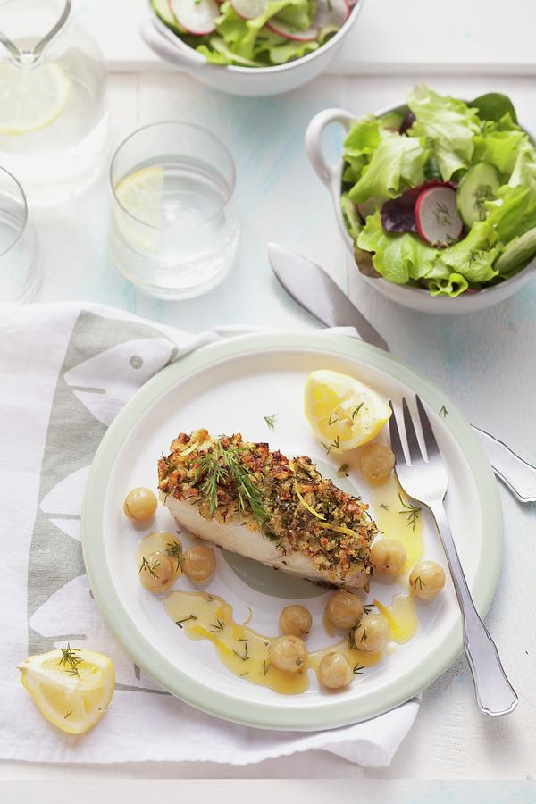 Coalfish Fillet With A Herb Crust And Grilled Gooseberries On A Plate ...