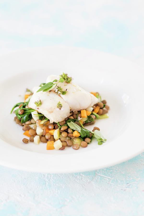 Coalfish With Lentils, Spinach And Vegetables Photograph by Jan Wischnewski