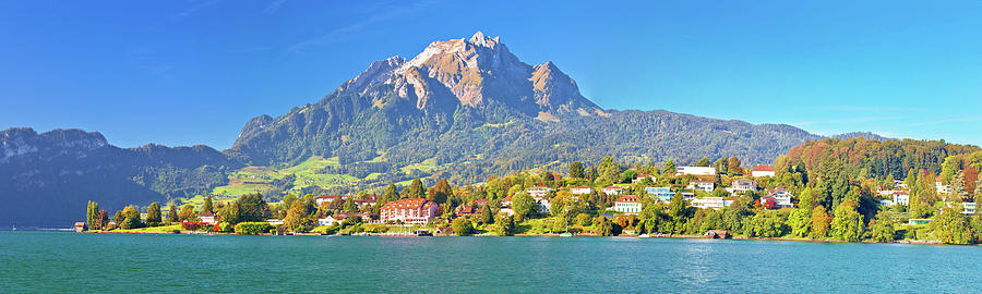 Coast of Lake Lucerne and Pilatus mountain panoramic view Photograph by Brch Photography