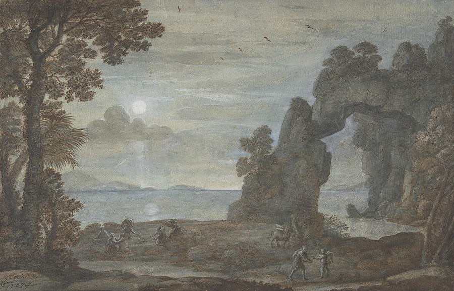 Coast View with Perseus and the Origin of Coral Drawing by Claude Lorrain