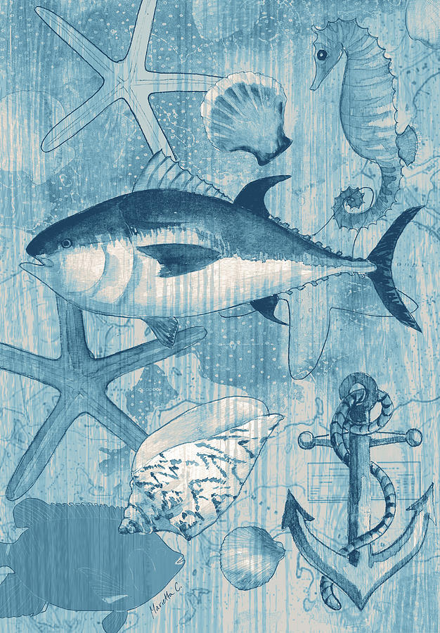 Fish Mixed Media - Coastal I Blue by Marietta Cohen Art And Design