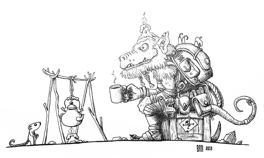 Cobold Drawing - Cobold enjoying a cup of Miners Coffee by Sami Matilainen Cobold Drawing - Cobold enjoying a cup of Miners Coffee by Sami Matilainen