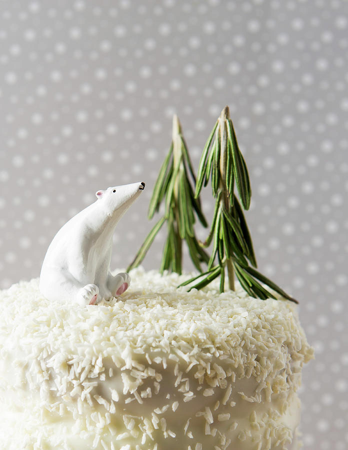 Coconut Cake Decorated For Christmas With Rosemary Trees And A Polar Bear, In A Snowy Setting Photograph by Stacy Grant