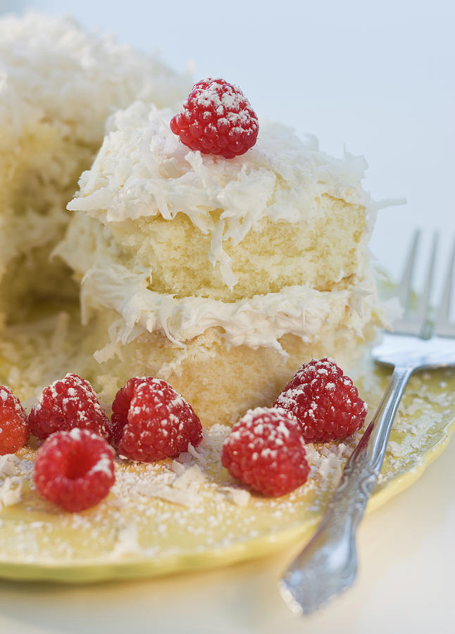 Coconut Cake With Raspberries Photograph by Tom Grill Coconut Cake With Raspberries Photograph by Tom Grill