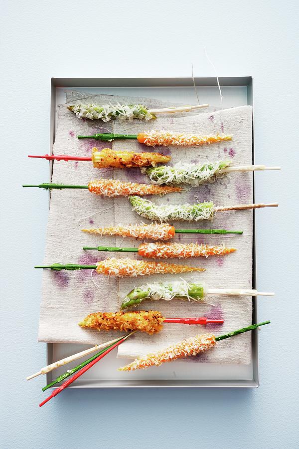Coconut Carrots, Asparagus Tips With Parmesan And Crispy Corn Cobs With Chile Photograph by Michael Wissing