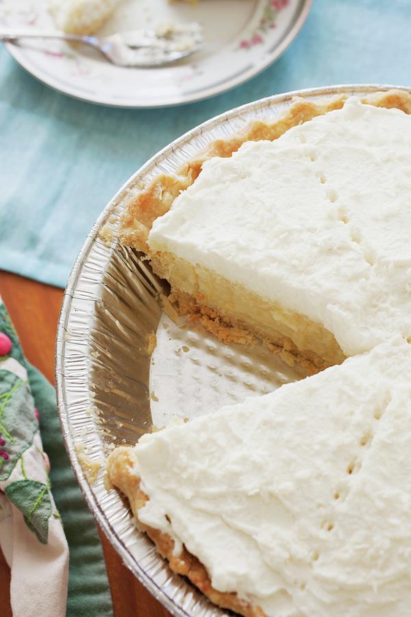 Fall Photograph - Coconut Cream Pie With A Slice Removed; Close Up by Katharine Pollak